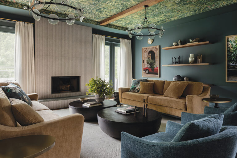 Rich tones and clean lines prevail in a family room outfitted with durable materials and textures; a custom ceiling mural anchors the space.