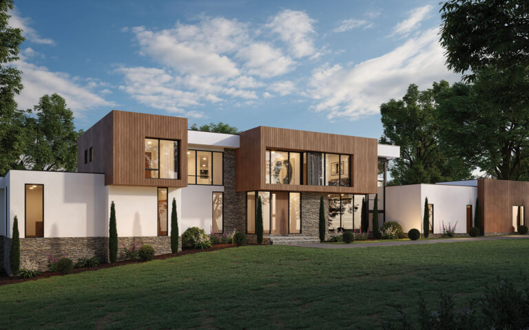 Rendering of a modern home in McLean set to break ground later in 2026. Natural wood trim offsets stucco on the front façade. Recessed window walls cantilever over the main floor.