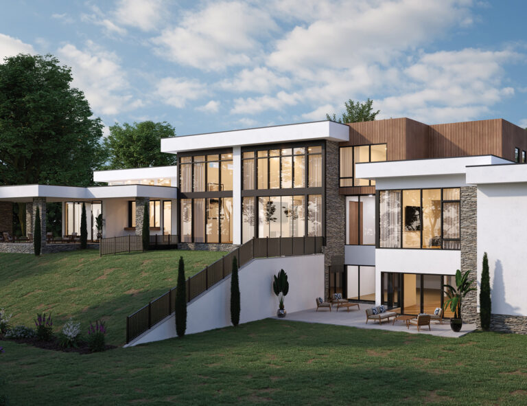 In a rendering of the home’s rear façade, deep overhangs accentuate the horizontal design of the home flanked by one-story bedroom and kitchen wings.
