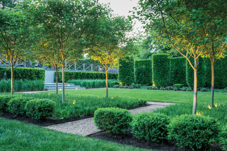 The composition of gravel paths, low boxwood hedging and clipped Winter King hawthorn frame the view to an expansive outdoor space.