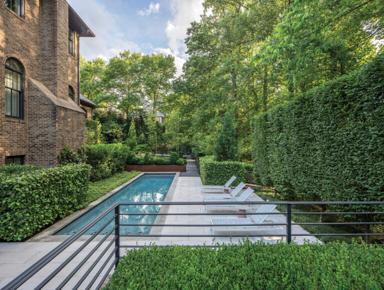 A long, axial view into a pool garden highlights a Corten-steel planter, clipped European hornbeams and structured cherry laurel hedges.